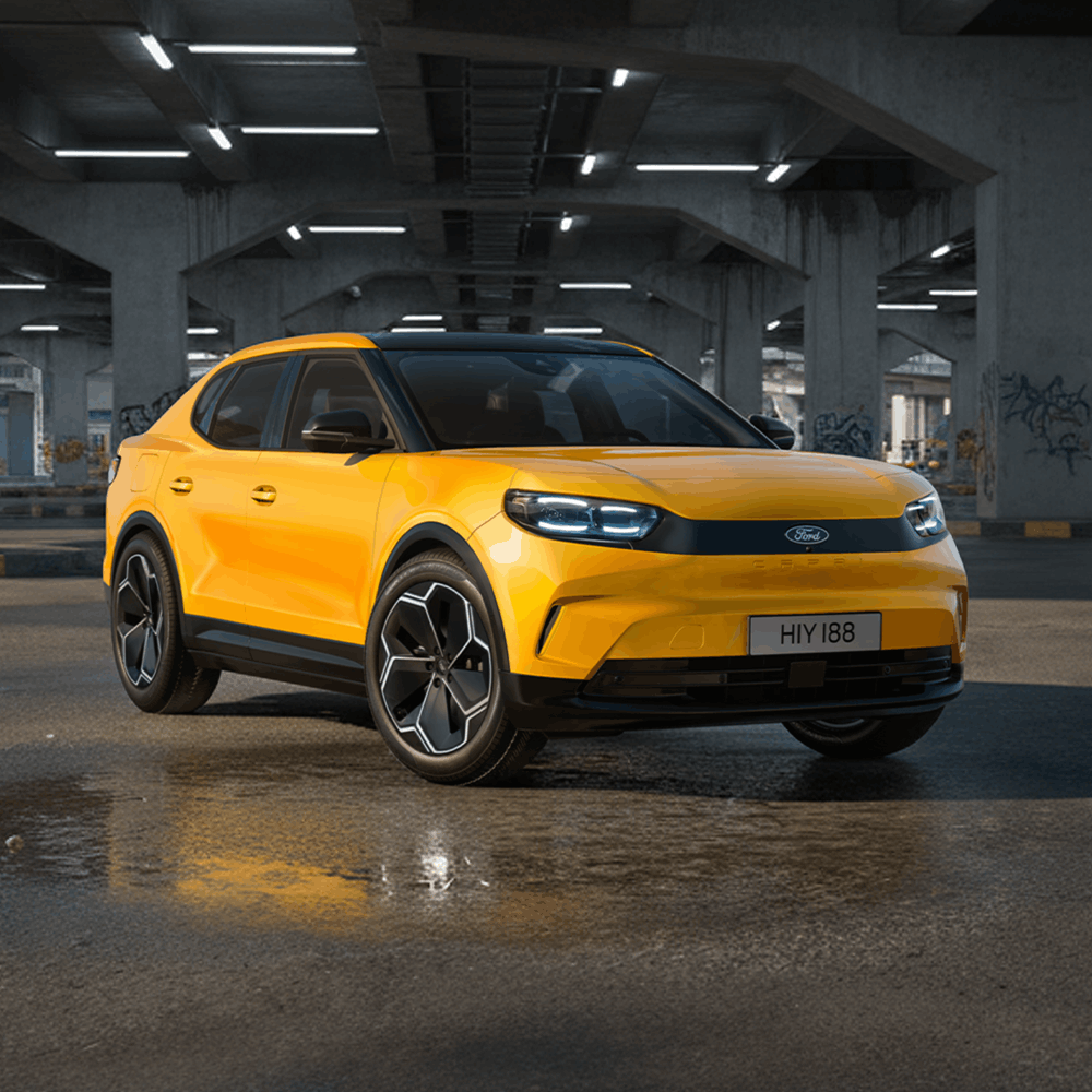 Ford Capri in Gelb, Dreiviertelansicht. Parkt unter einem Stadtbahnbogen.