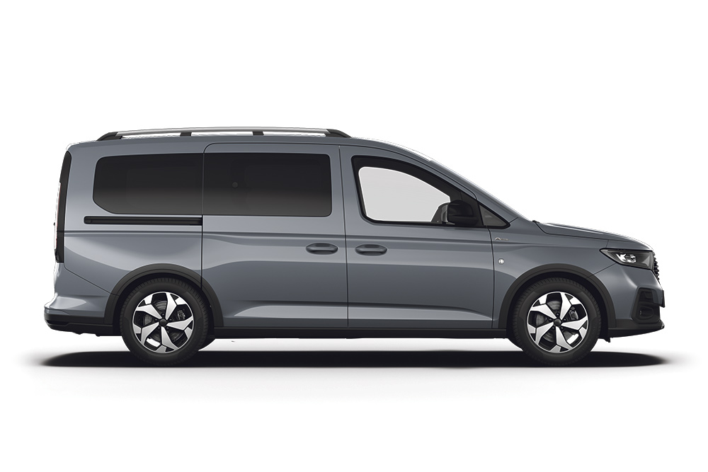 Ford Tourneo Connect in Grau. Seitenansicht, stehend vor einem weißen Hintergrund.