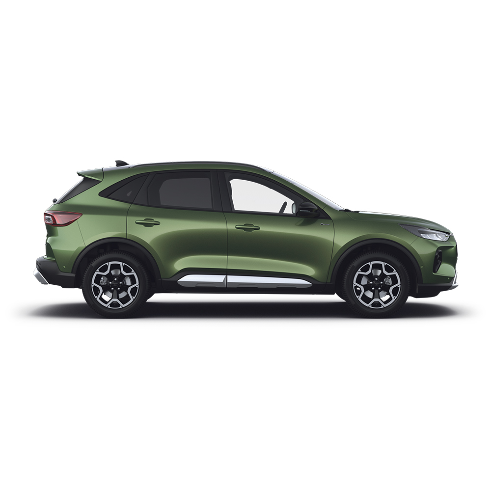 Ford Kuga in Grün. Seitenansicht, stehend vor einem weißen Hintergrund.