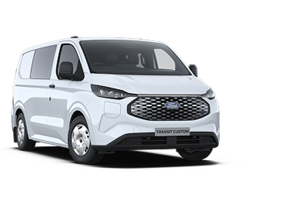 Ford E-Transit Custom in Weiß. Dreiviertelansicht.