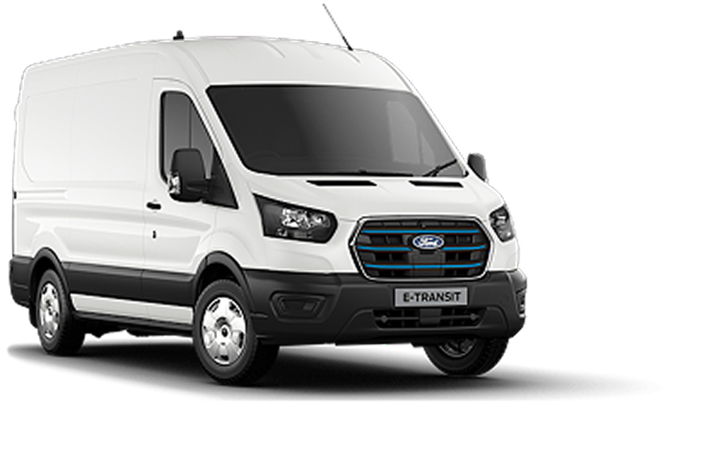 Ford E-Transit in Weiß. Dreiviertelansicht.