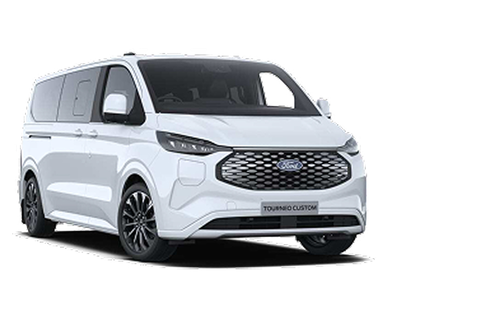 Ford E-Tourneo Custom in Weiß. Dreiviertelansicht.