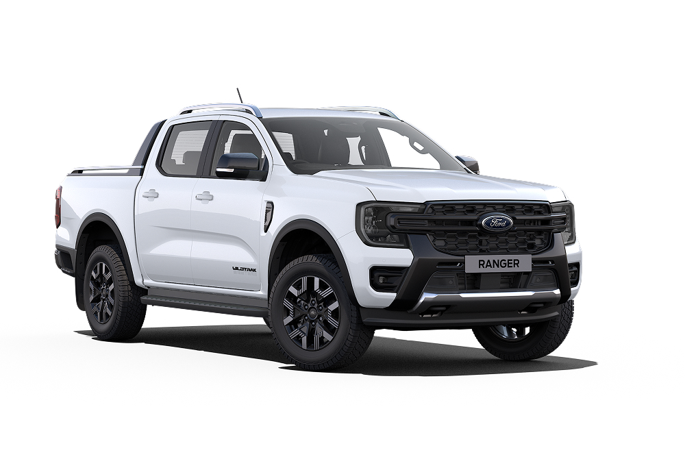 Ford Ranger Plug-in-Hybrid in Weiß. Dreiviertelansicht.
