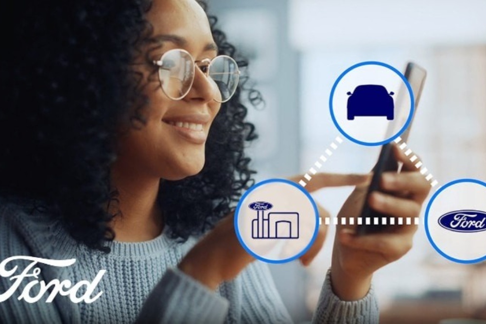 Person hält ein Smartphone in der Hand. Darüber liegen drei Icons, die ein Fahrzeug, Ford Logo und einen Ford Autohaus darstellen.