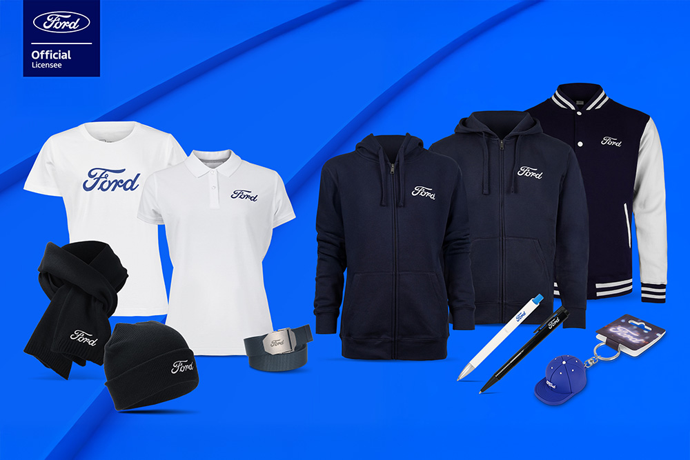 Ford-Merchandise: T-Shirts, Poloshirts, Hoodies, Jacke, Schal, Mütze, Gürtel, Stifte und Schlüsselanhänger.