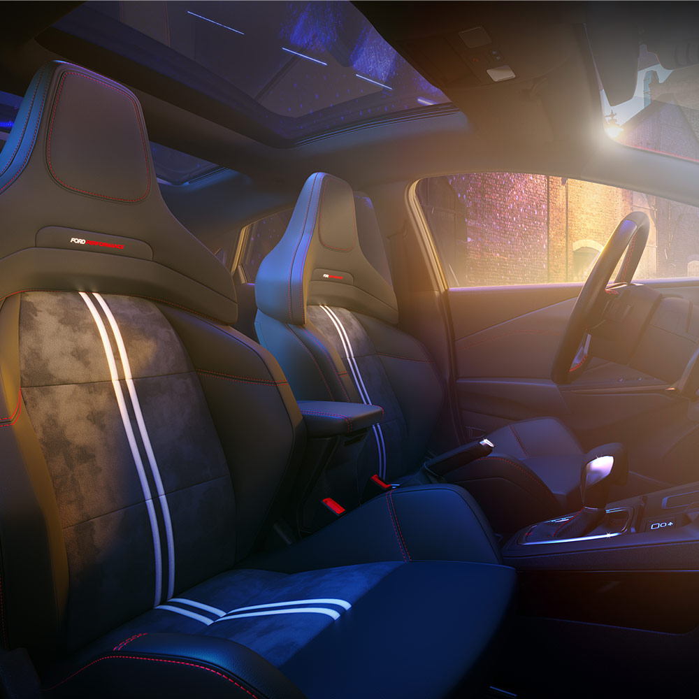 Ford Puma Innenraum. Ansicht auf vordere Sitzreihe.