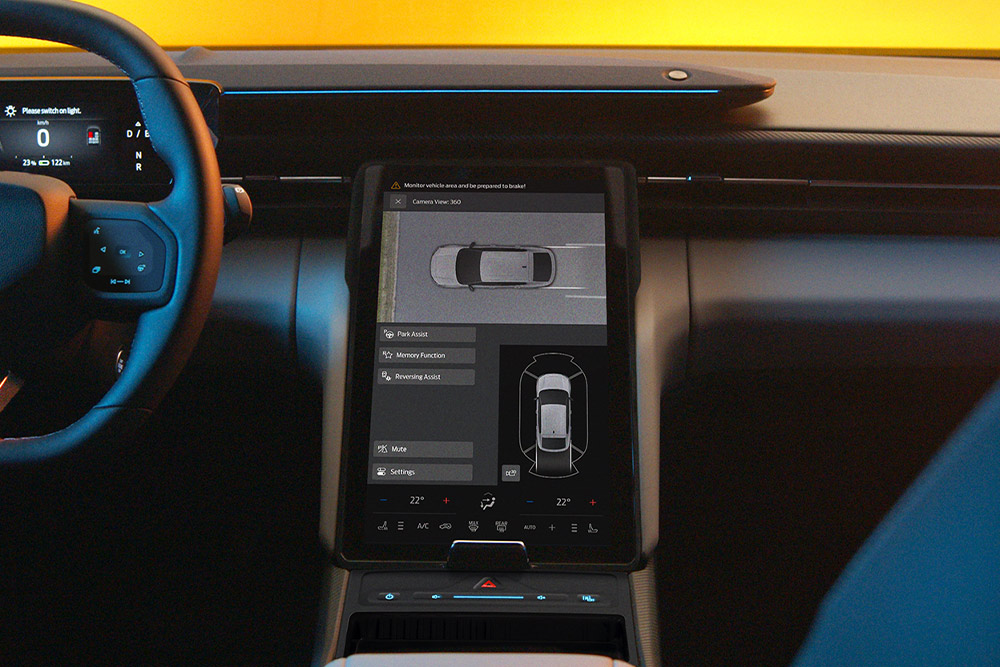 Ford Capri Innenraum. Detailansicht des Touchscreens mit Split-View.