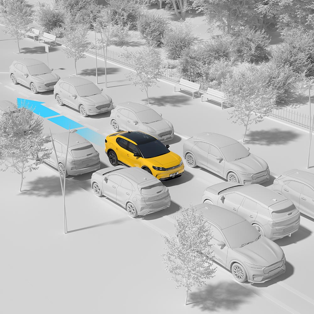 Illustration eines Ford Fahrzeugs im Verkehr, das die Cross-Traffic-Alert Funktion demonstriert.
