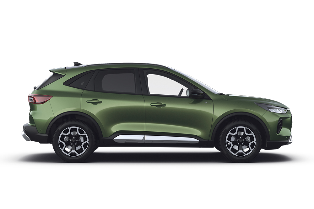 Ford Kuga in Grün. Seitenansicht vor weißem Hintergrund. Familienmodell von Ford.