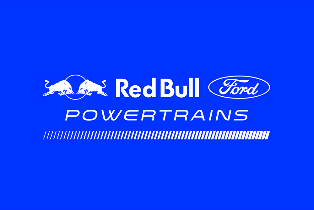 Red Bull Ford Powertrains-Logo für die Formel 1 auf blauem Hintergrund