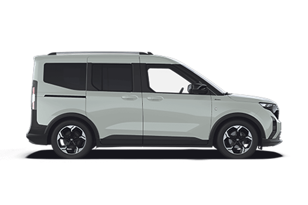 Ford E-Tourneo Courier in Grau. Seitenansicht, vor einem weißen Hintergrund.