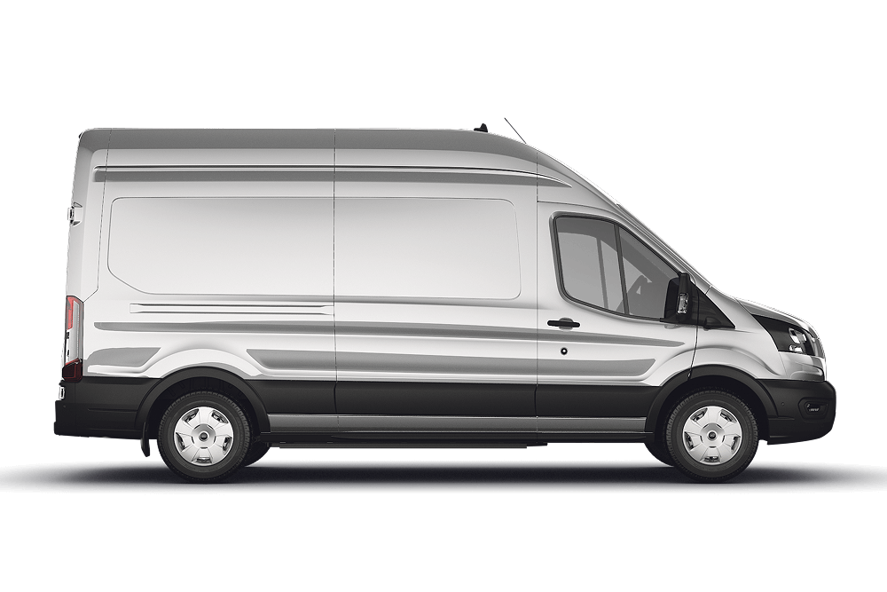 Ford E-Transit in Silber. Seitenansicht, vor einem weißen Hintergrund.