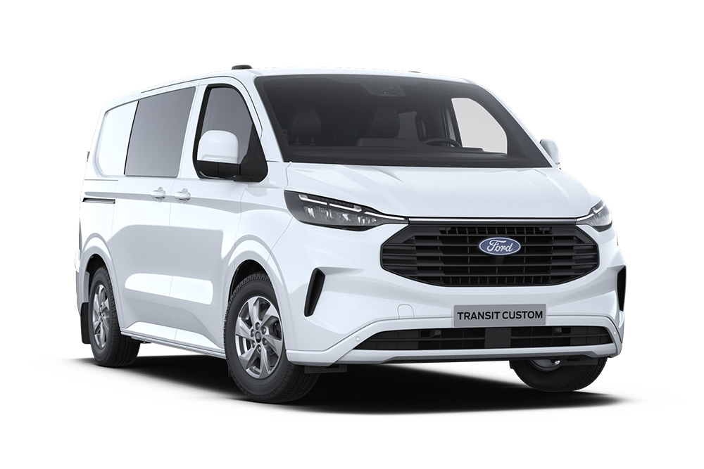 Ford Transit Custom Kastenwagen Doppelkabine in Weiß. Dreiviertelansicht, vor einem weißen Hintergrund.