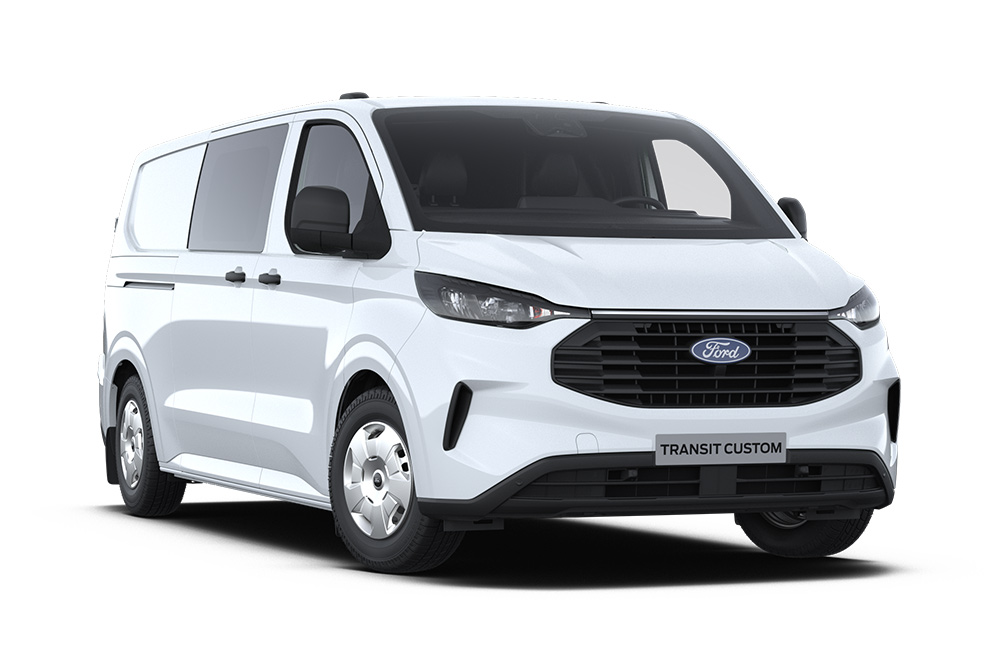 Ford Transit Custom MultiCab in Weiß. Dreiviertelansicht, vor einem weißen Hintergrund.
