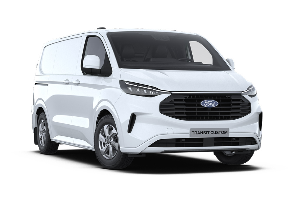 Ford Transit Custom Kastenwagen in Weiß. Dreiviertelansicht, vor einem weißen Hintergrund. 