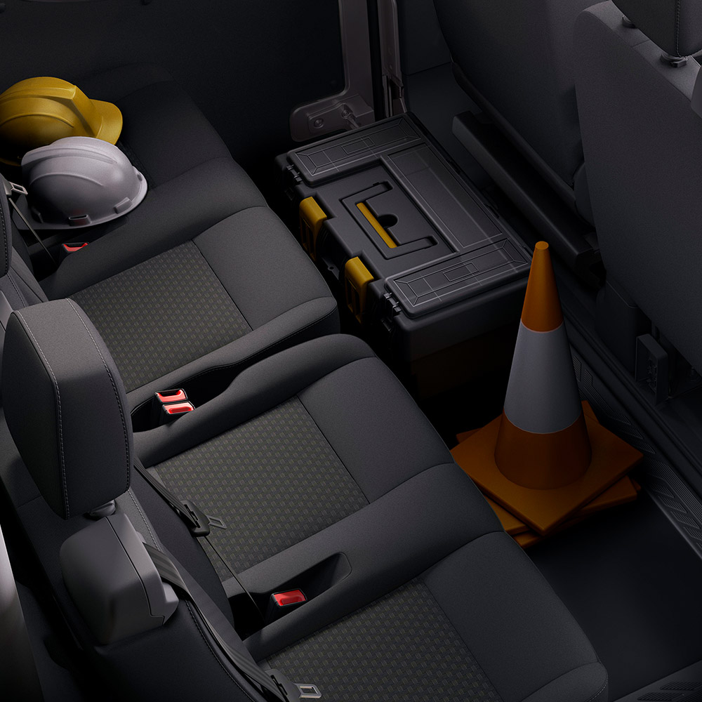 Ford E-Transit mit Doppelkabine. Detailansicht der zweiten Sitzreihe.