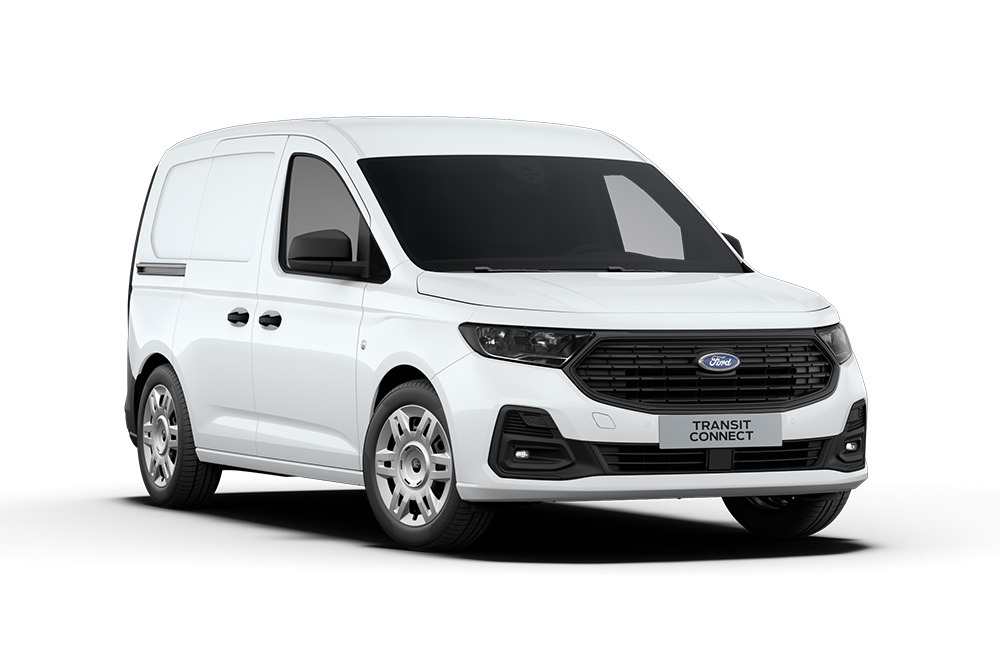 Ford Transit Connect Limited in Weiß. Dreiviertelansicht, steht vor einem weißen Hintergrund.
