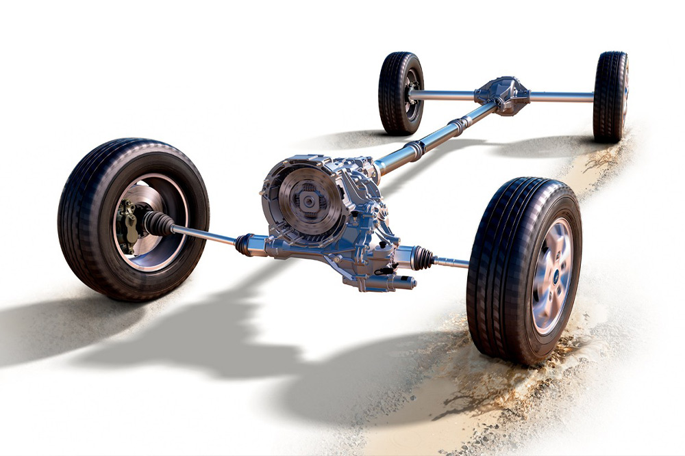 Fahrwerk und Räder eines Fahrzeugs mit Allradantrieb.