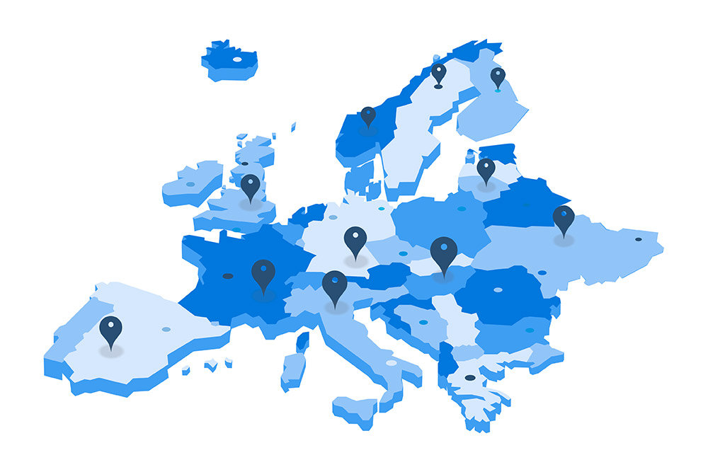Eine blaue Europakarte mit mehreren Stecknadeln, die die vielen Standorte vertrauenswürdiger Ford Pro Fahrzeugumrüster markieren.