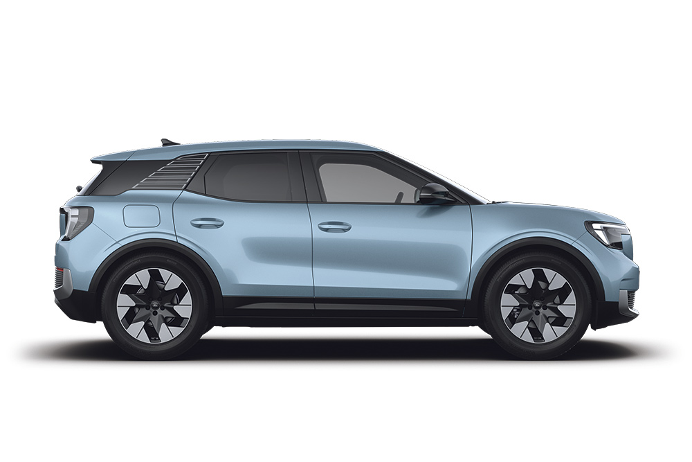 Ford Explorer in Blau. Seitenansicht, vor einem weißen Hintergrund.