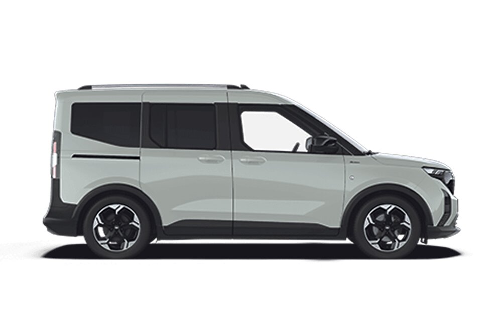 Ford E-Tourneo Courier in Grau. Seitenansicht, vor einem weißen Hintergrund.