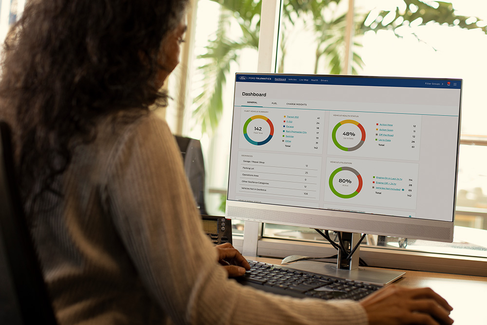 Eine Person betrachtet die Ford Pro Telematics-Dashboard-Daten auf ihrem Computer.