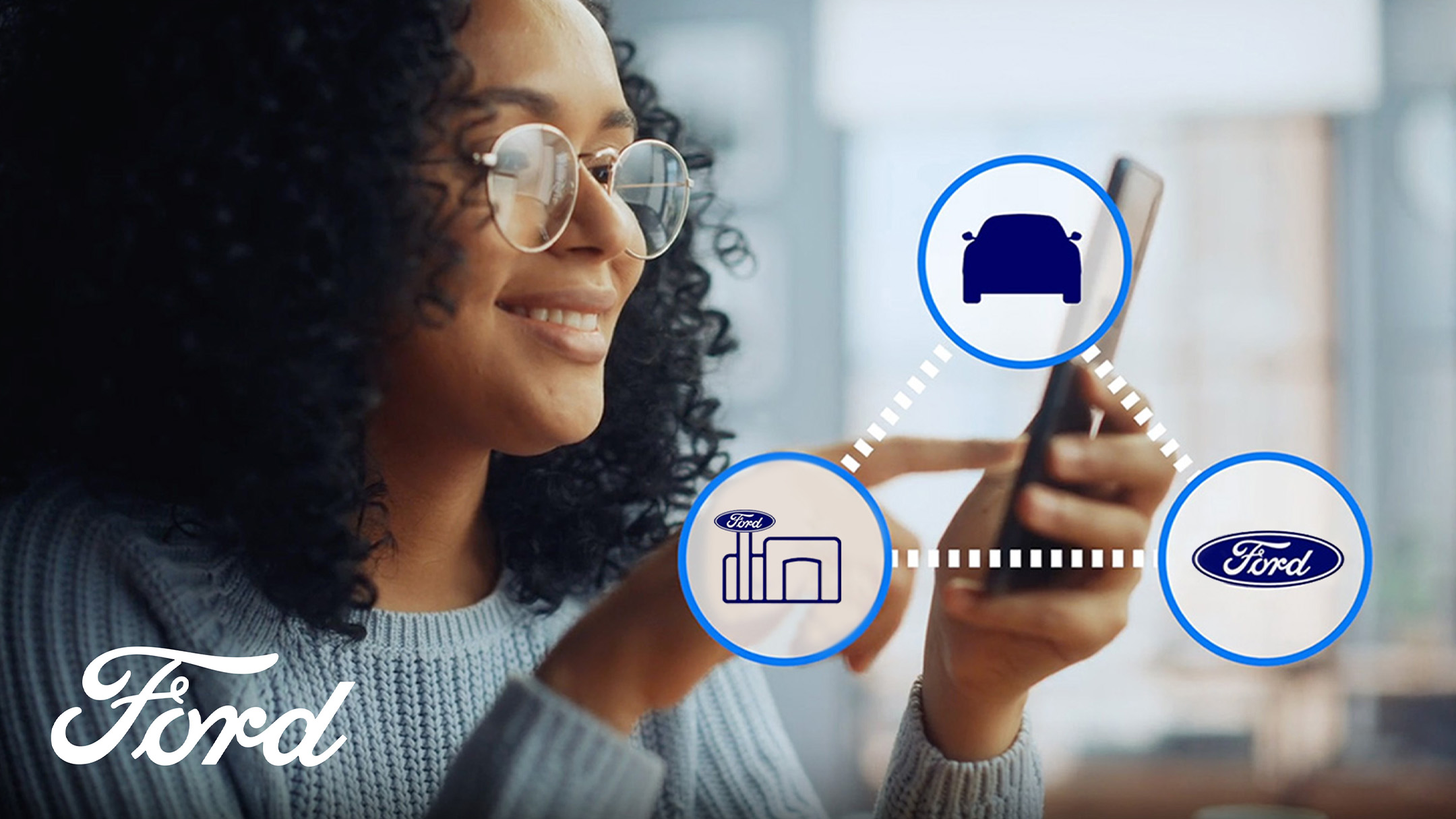 Person hält ein Smartphone in der Hand. Darüber liegen drei Icons, die ein Fahrzeug, Ford Logo und einen Ford Autohaus darstellen.